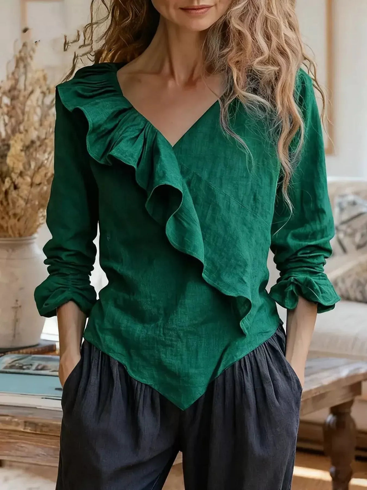 Trendsi V-Neck Ruffled Long Sleeve Blouse -