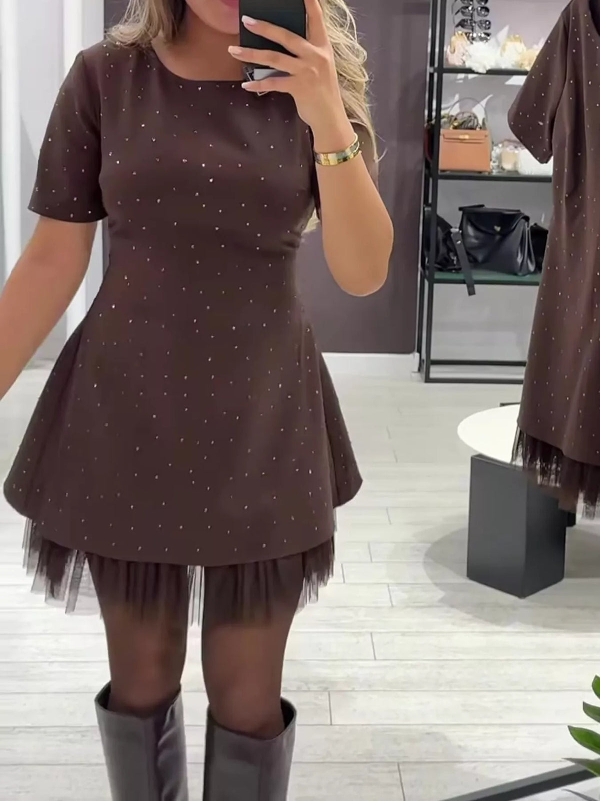 Brown rhinestone a line mini dress with tulle hem, front view