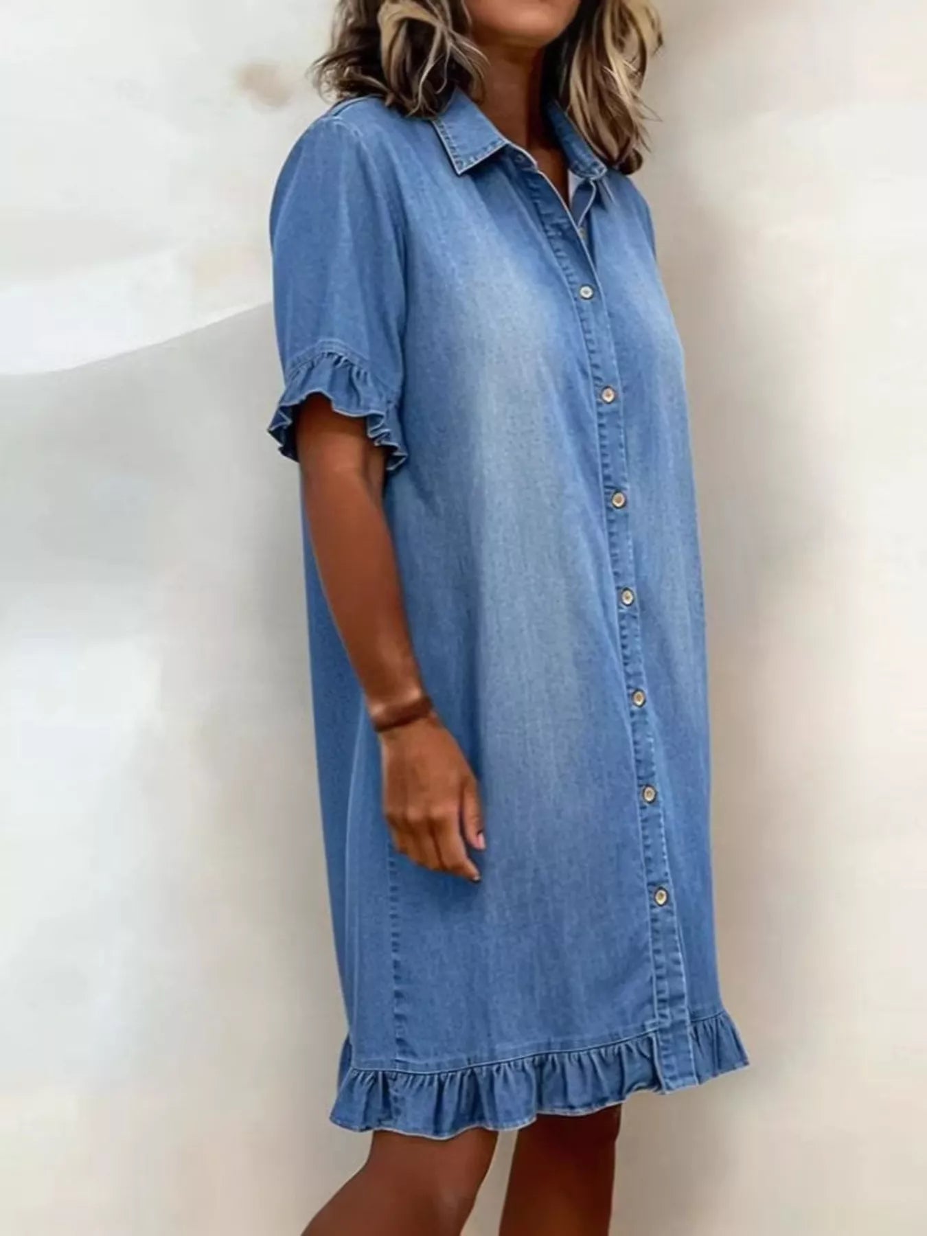 Trendsi Full Size Ruffled Hem Denim Shirt Dress Plus Size -