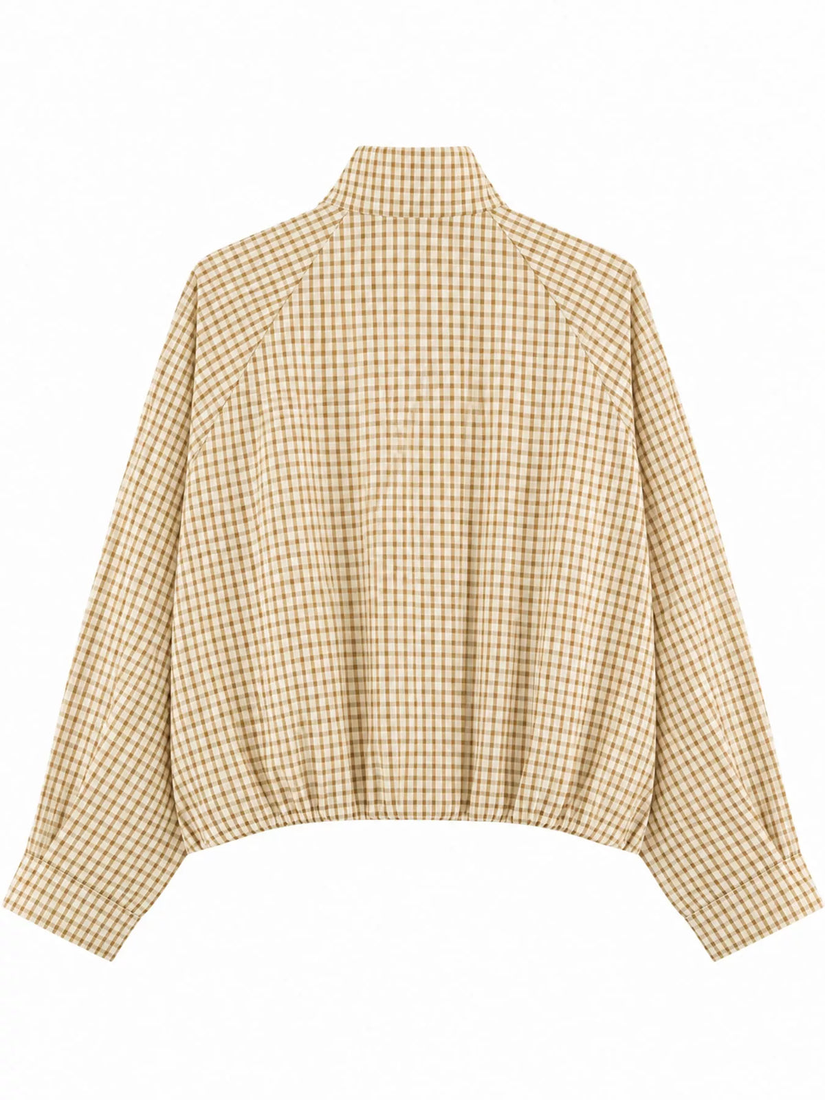 Beige Plaid plaid stand-collar cropped jacket, back view