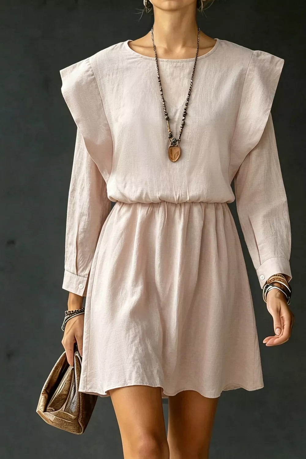 Trendsi Ruffled Round Neck Long Sleeve Dress -