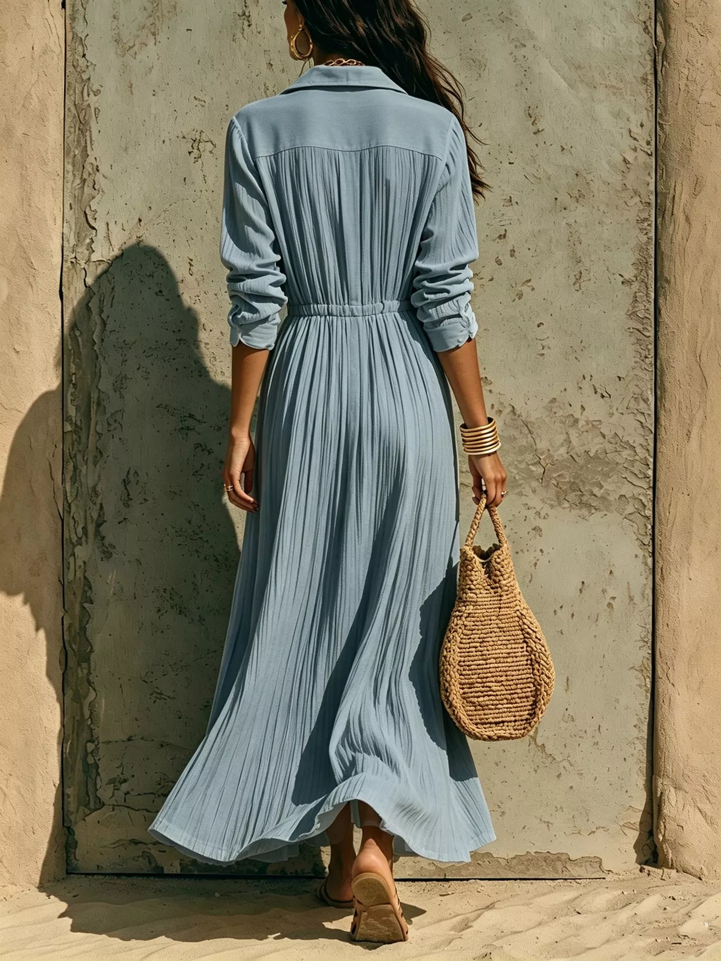 Trendsi Full Size Textured Button Front Long Sleeve Maxi Dress Plus Size -