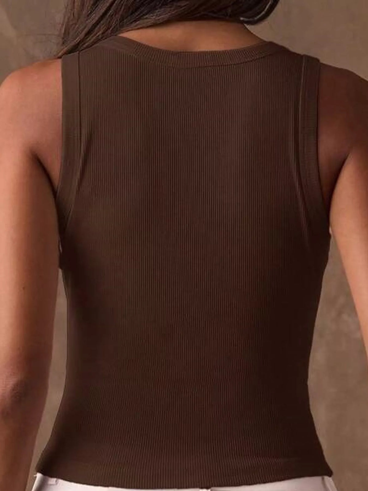 Women's Studded Ribbed Knit Tank Top in brown — back view