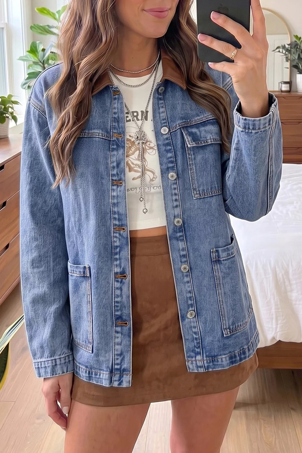 Trendsi Patchwork Leather Collar Long Sleeve Denim Jacket -