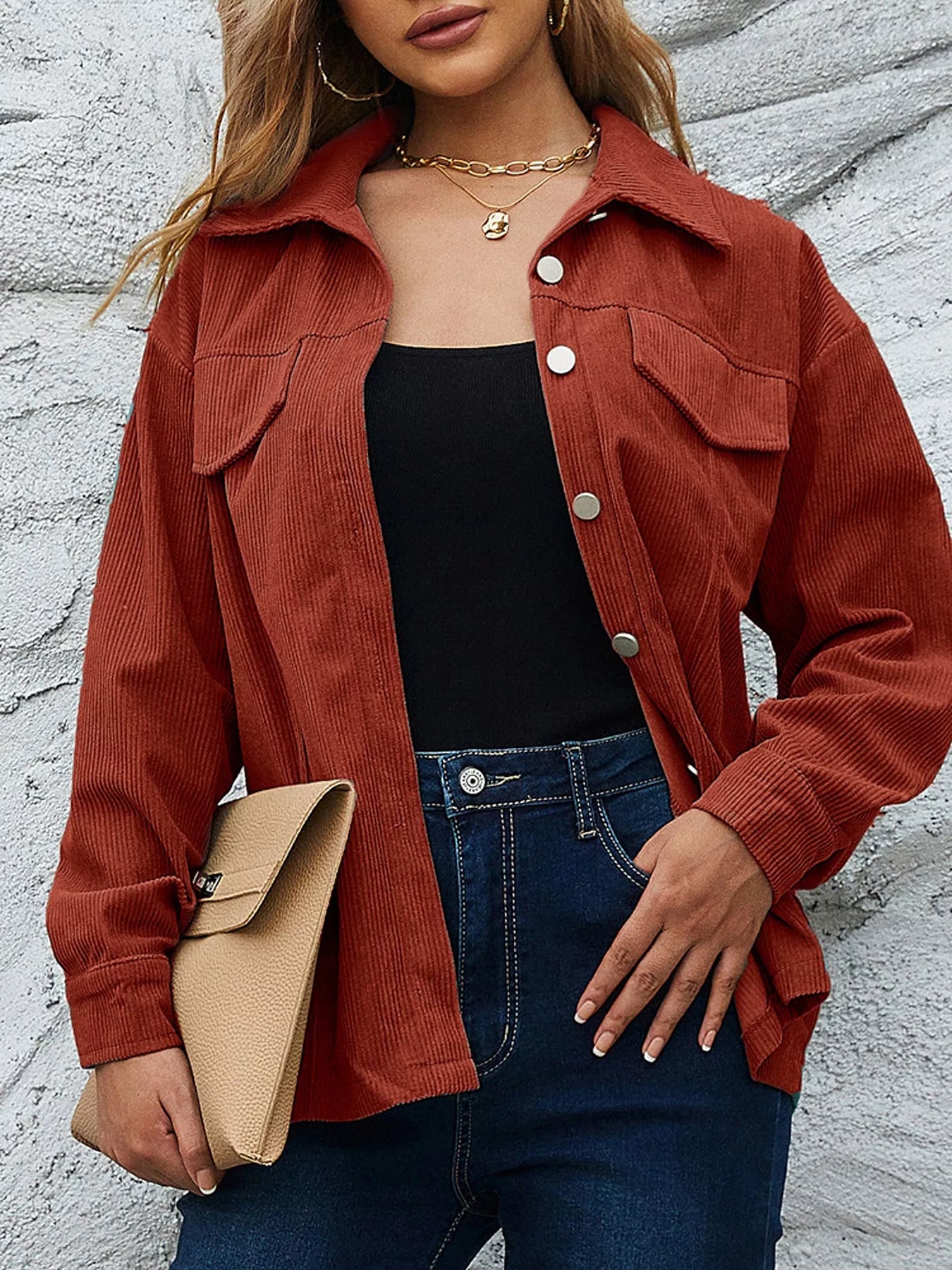 Trendsi Corduroy Button-Down Shirt with Chest Pockets -