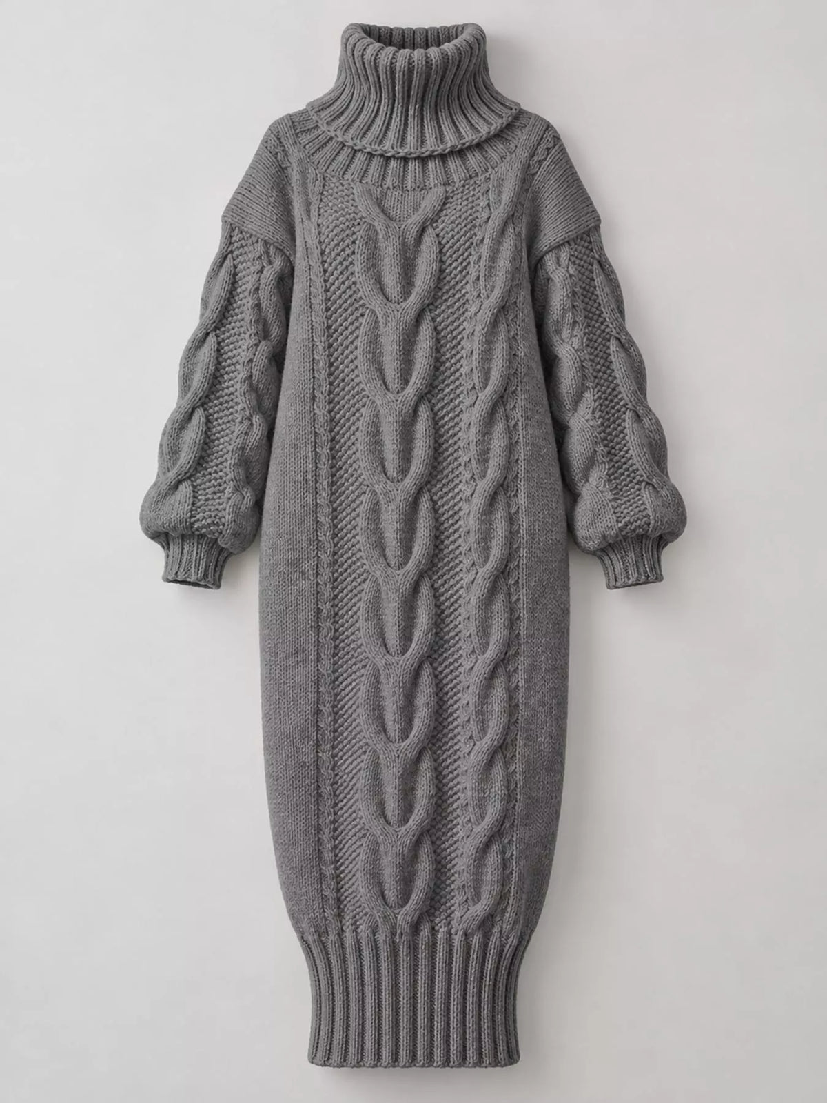 Gray oversized cable knit turtleneck sweater dress