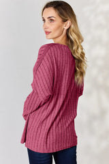 Trendsi Basic Bae Full Size Ribbed Half Button Long Sleeve T-Shirt -