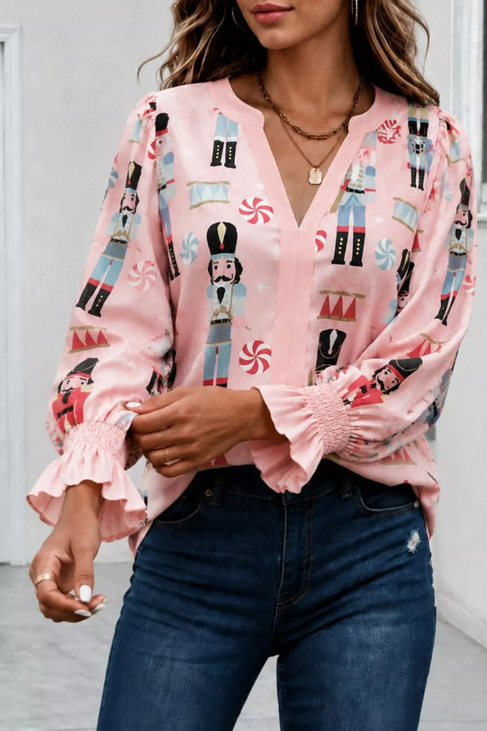 Trendsi Nutcracker Print Notched Flounce Sleeve Blouse -