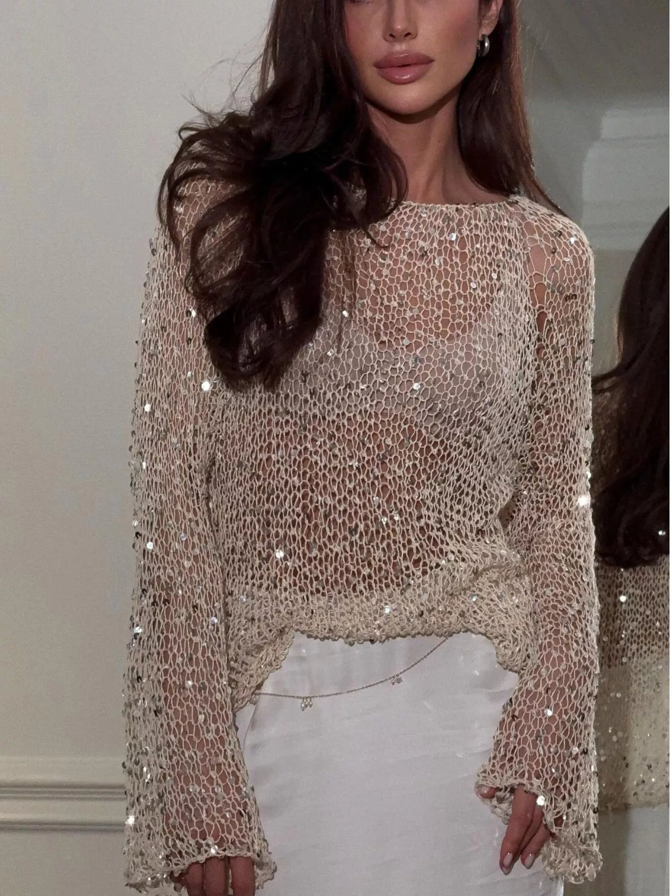 Trendsi Sequin Long Sleeve Knit Cover Up -