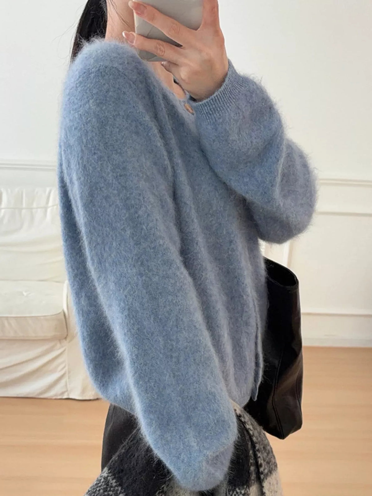 Blue fuzzy button up cropped cardigan
