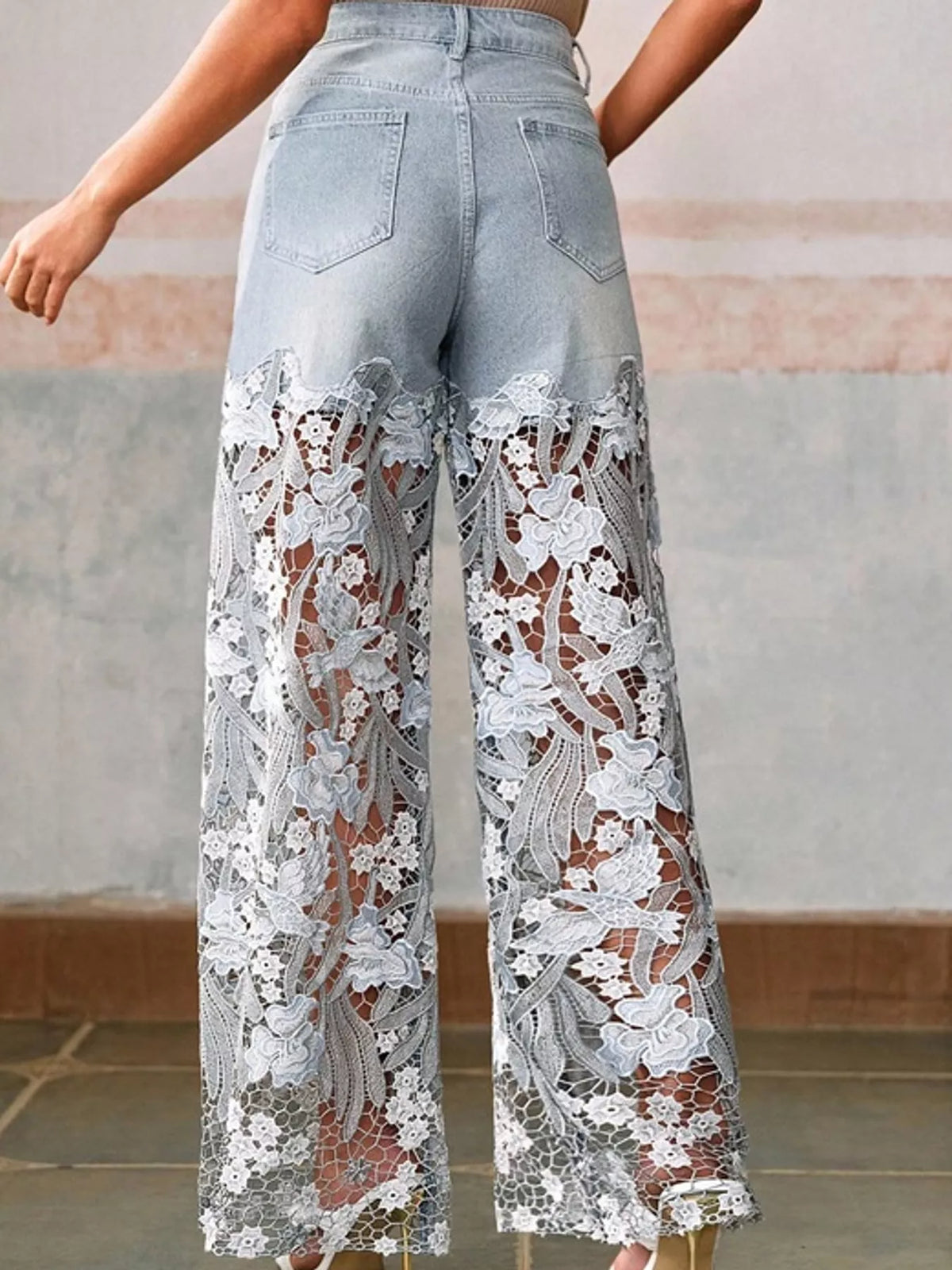 Light blue and white floral lace wide-leg jeans, back view
