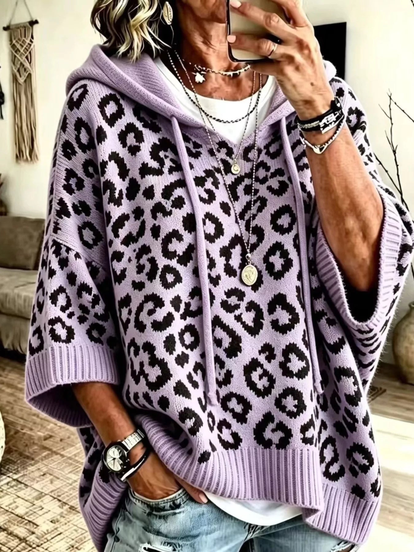 Trendsi Drawstring Leopard Hooded Sweater -