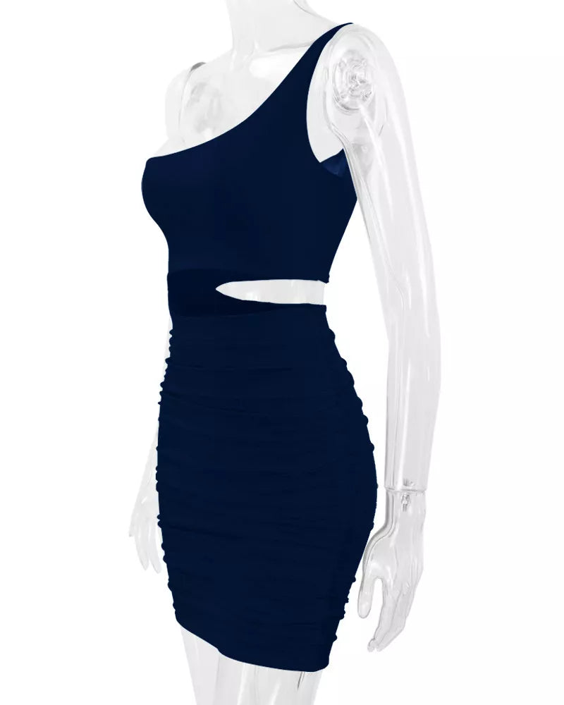 One-shoulder cutout dress, navy mannequin side