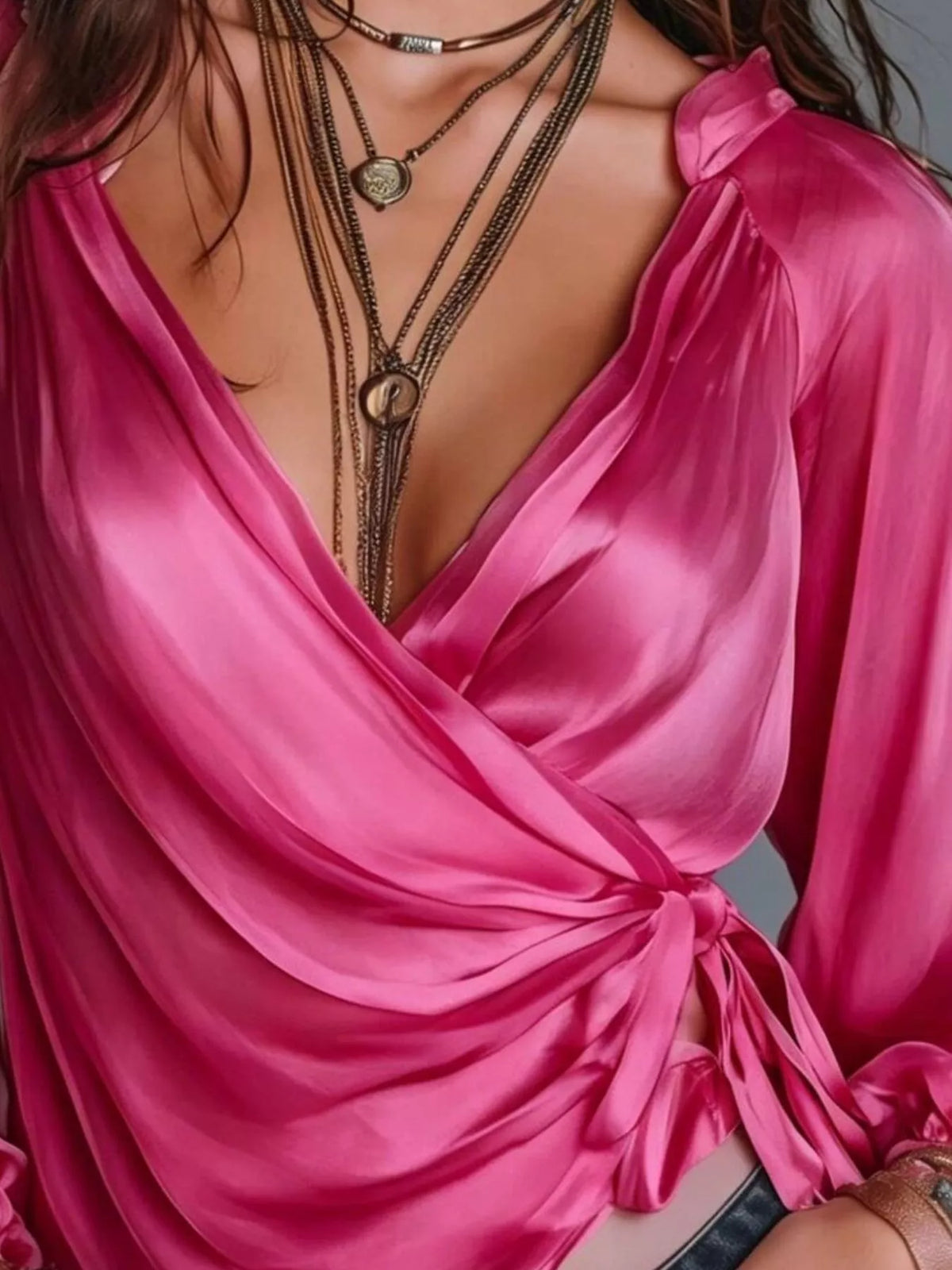 Satin blouse, pink waist detail