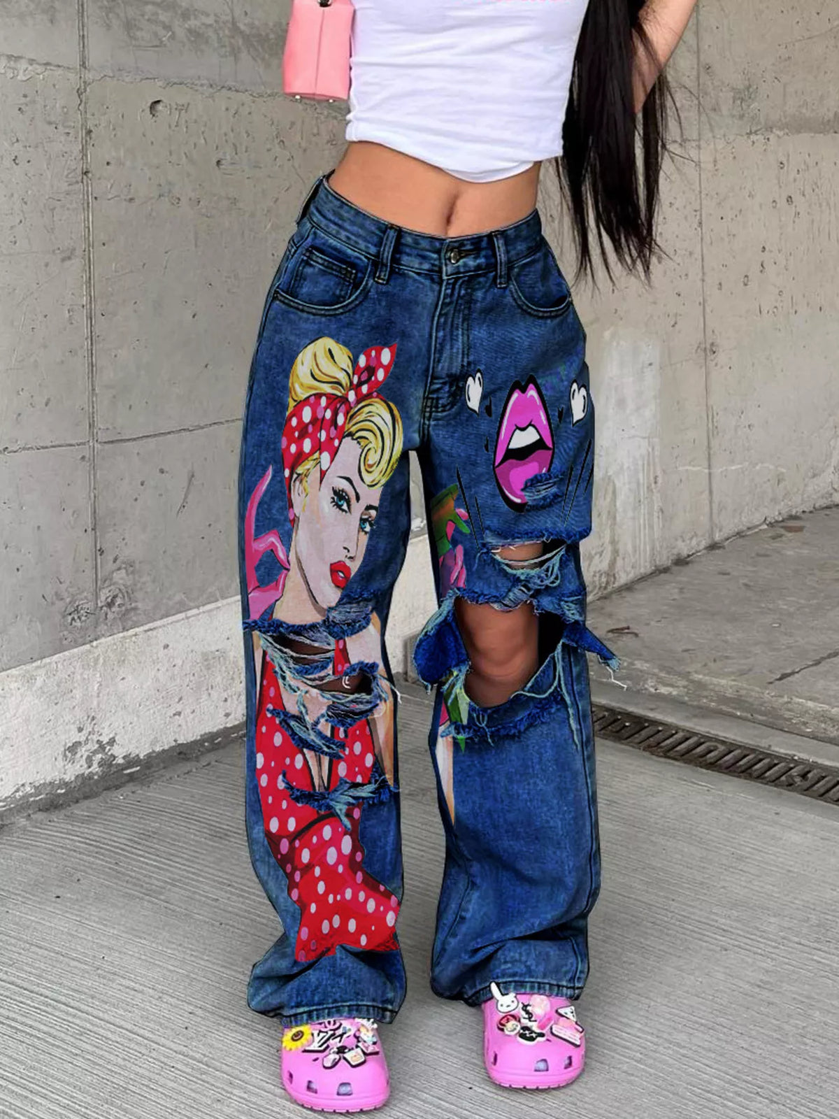 Trendsi Full Size Art Print Distressed Wide-Leg Jeans Plus Size -