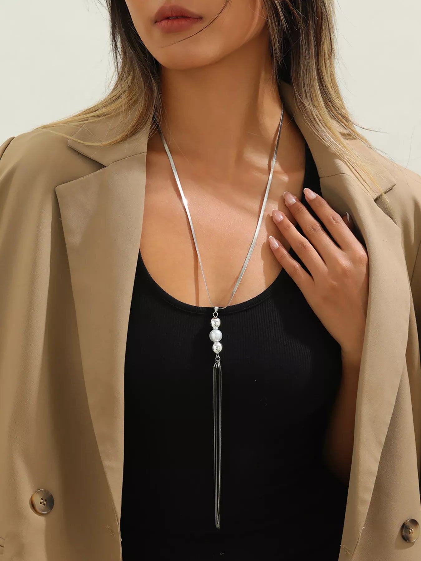 Trendsi Alloy Silver-Plated Bead Tassel Necklace -