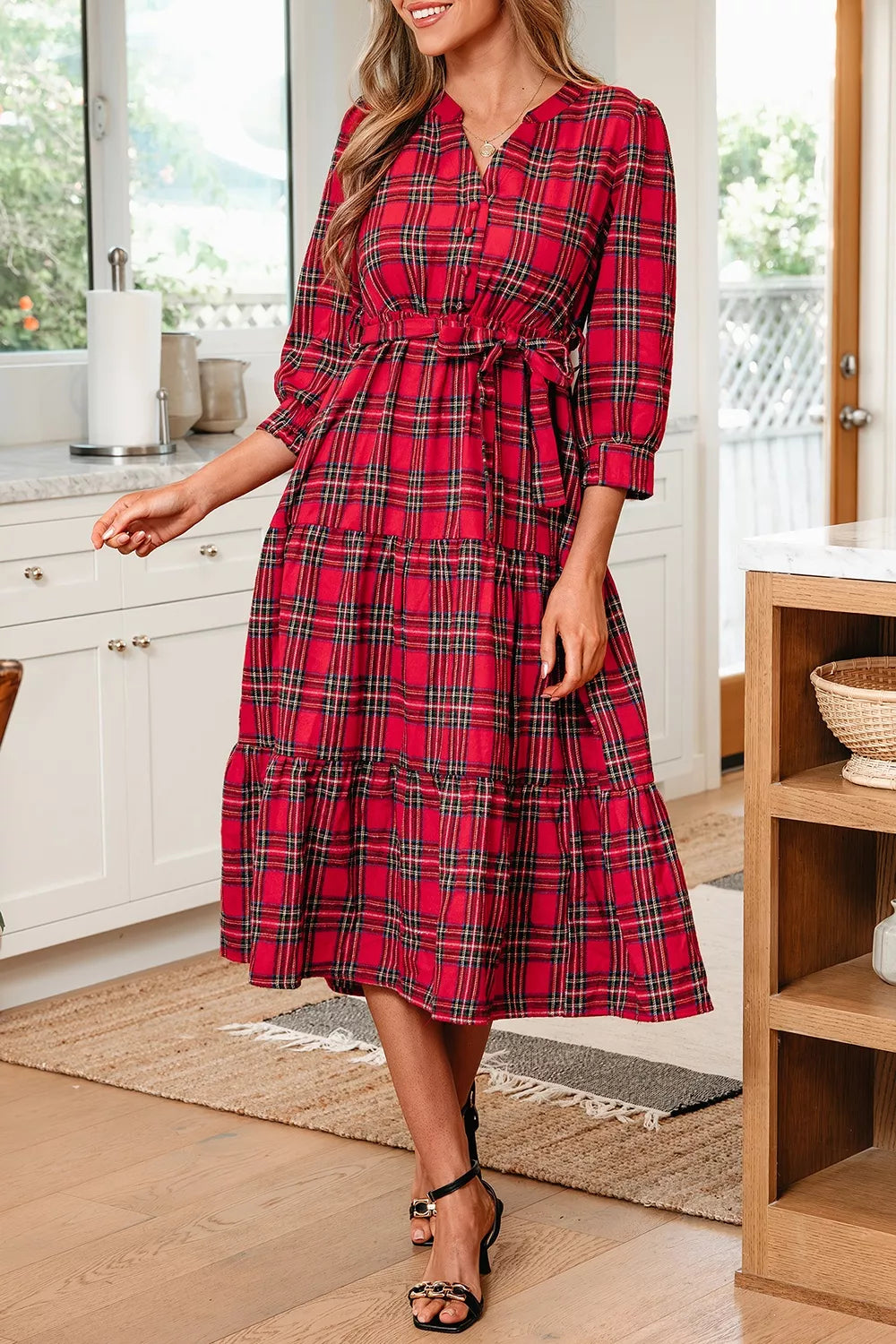 Trendsi Christmas Plaid V Neck 3/4 Sleeve Tie Waist Ruffle Hem Midi Dress -
