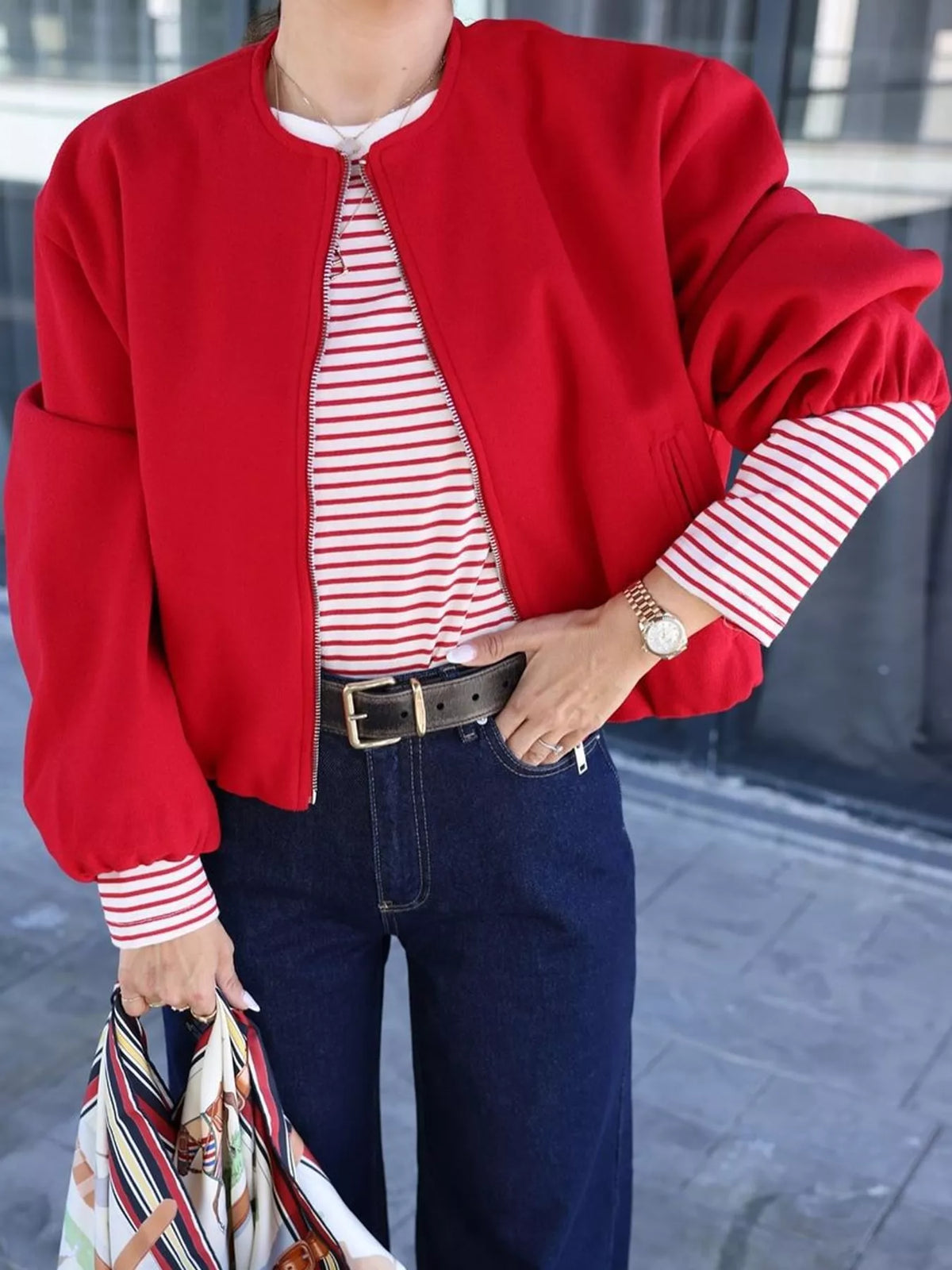 Cropped Round-Neck Zip-Up Jacket — front view