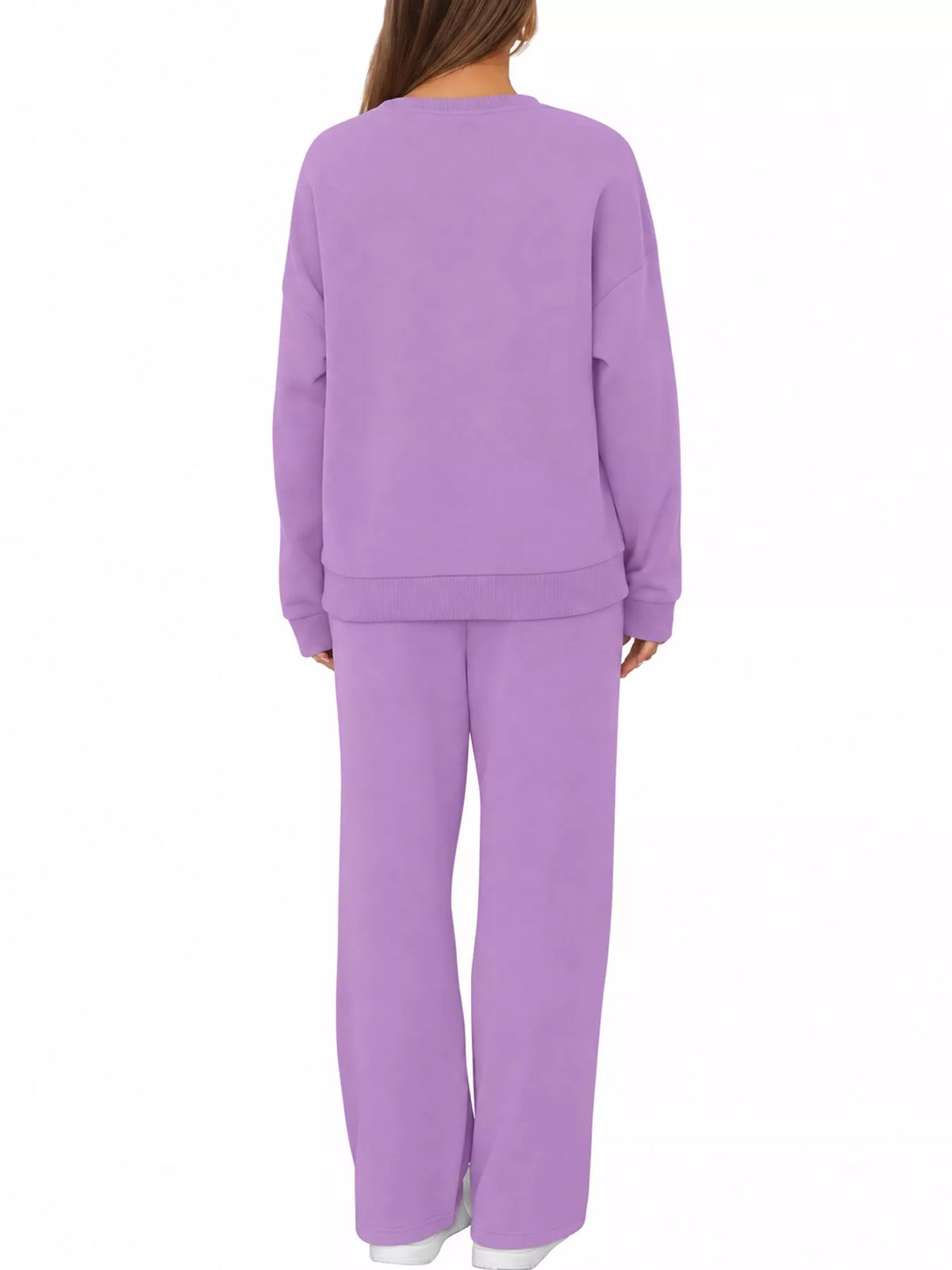 Crewneck Drop Shoulder Sweatshirt and Wide-Leg Pants Set — back view