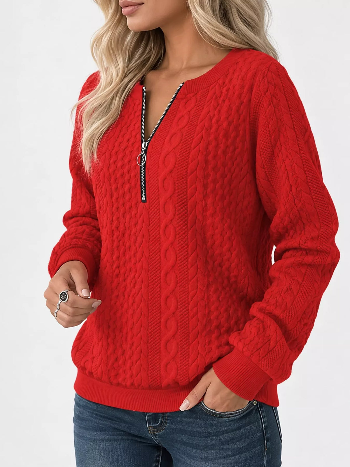 Quarter-Zip Cable Knit Sweatshirt — side view