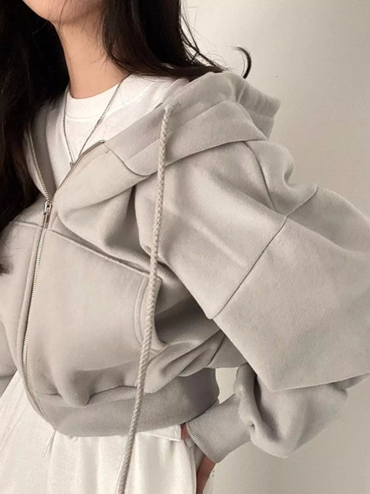 Light Gray oversized zip-up cropped hoodie