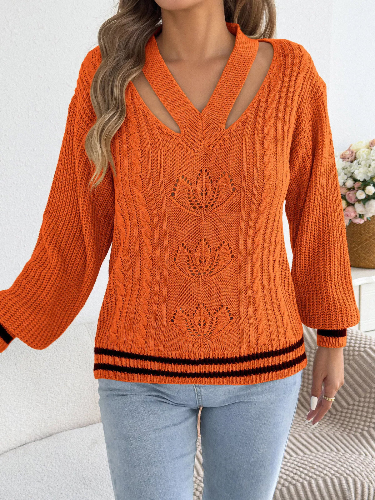 Cutout Cable Knit Sweater in orange, front view