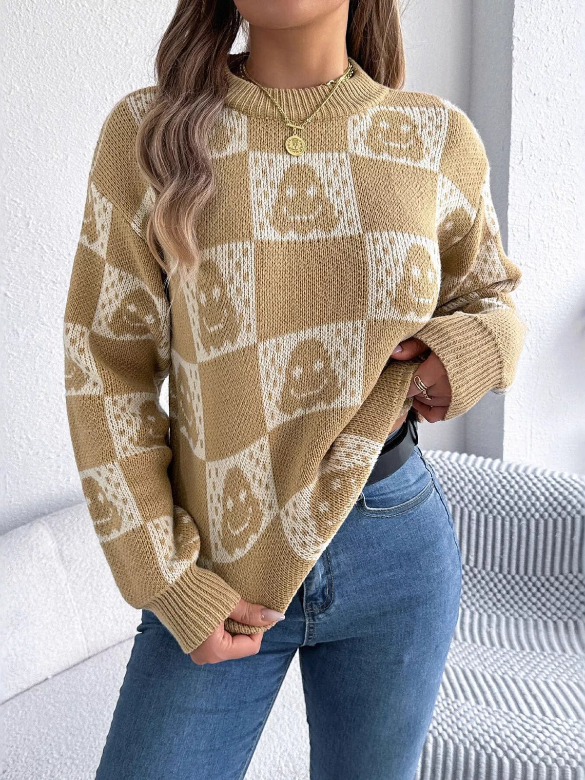 Checkerboard Halloween Graphic Sweater in mustard, front view