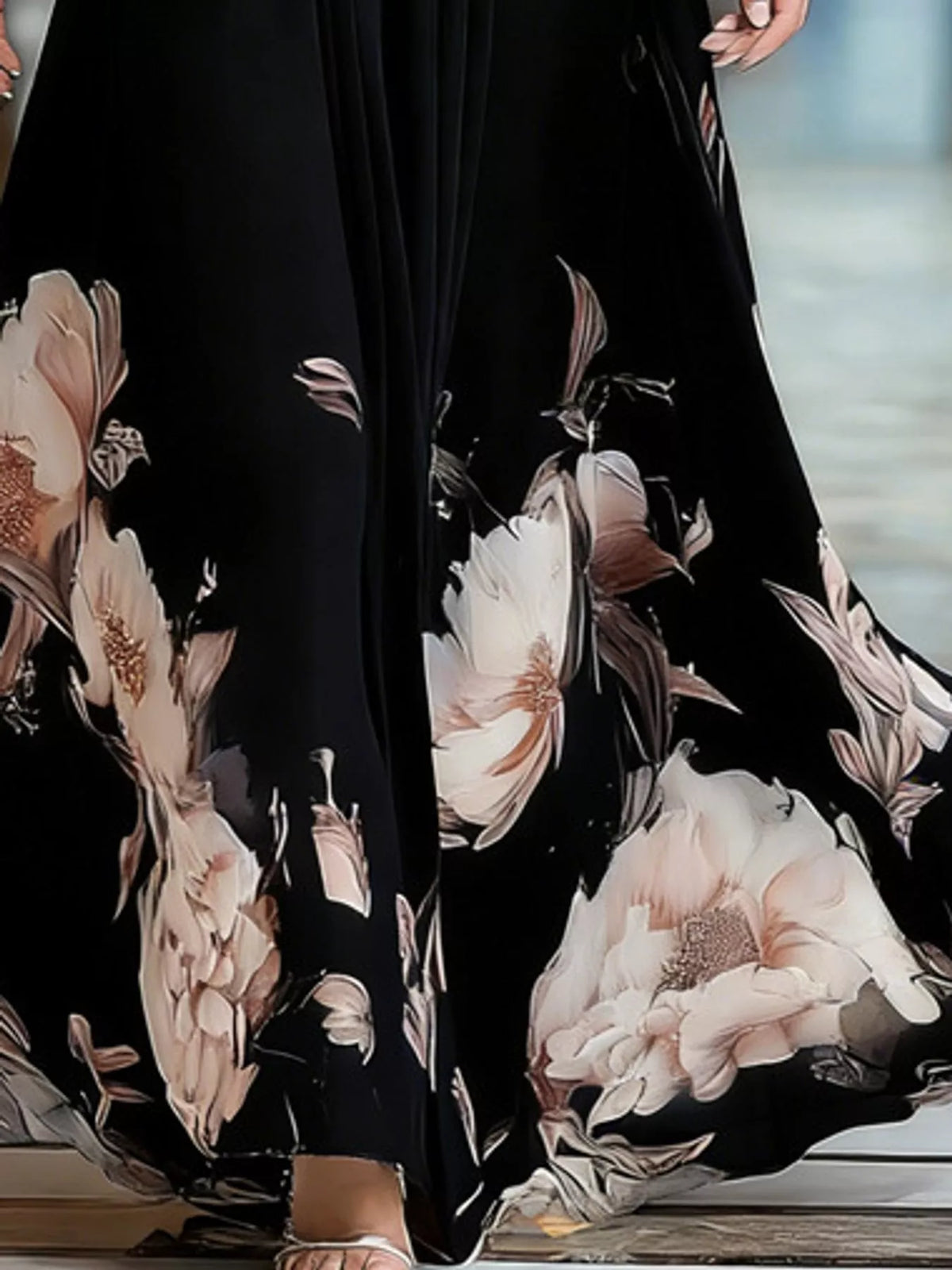 Black floral v neck maxi dress, detail view