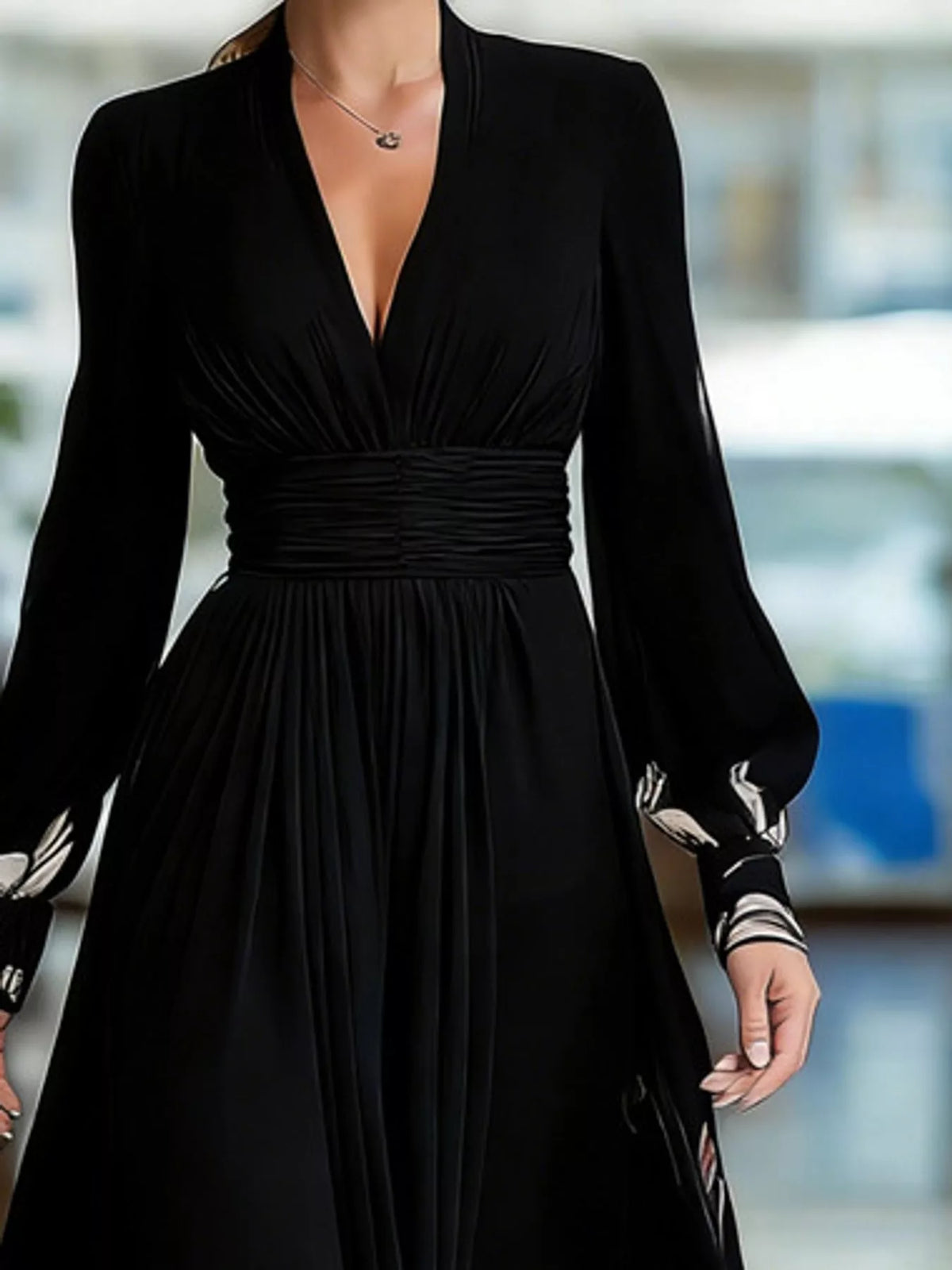 Black floral v neck maxi dress, detail view