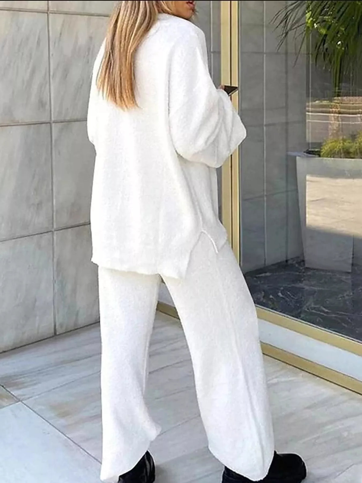 V-Neck Top and Wide Leg Pants Lounge Set, back view in white