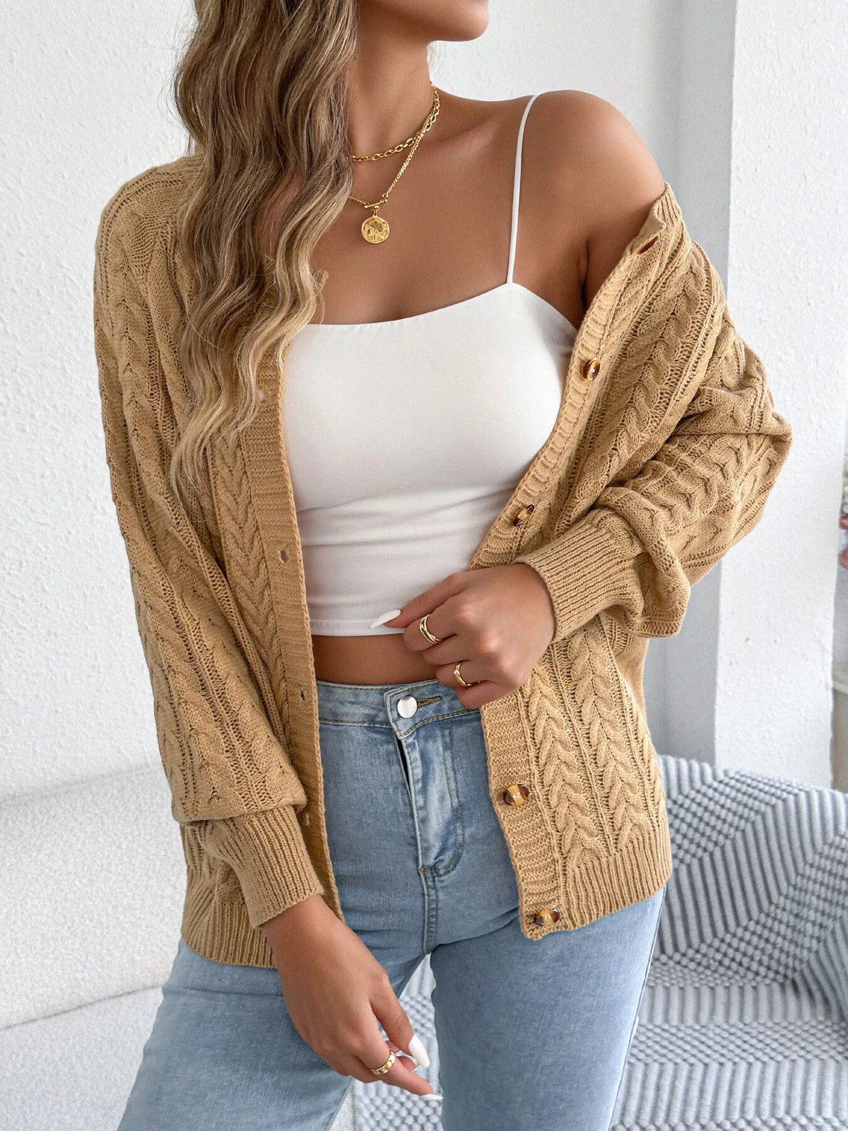 Khaki Color cable knit button-front cardigan