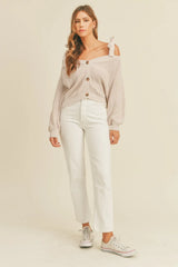Trendsi MABLE Off Shoulder Self Tie Strap Button Down Sweater -