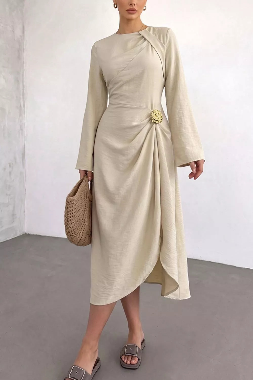 Trendsi Ruched Long Sleeve Midi Dress -
