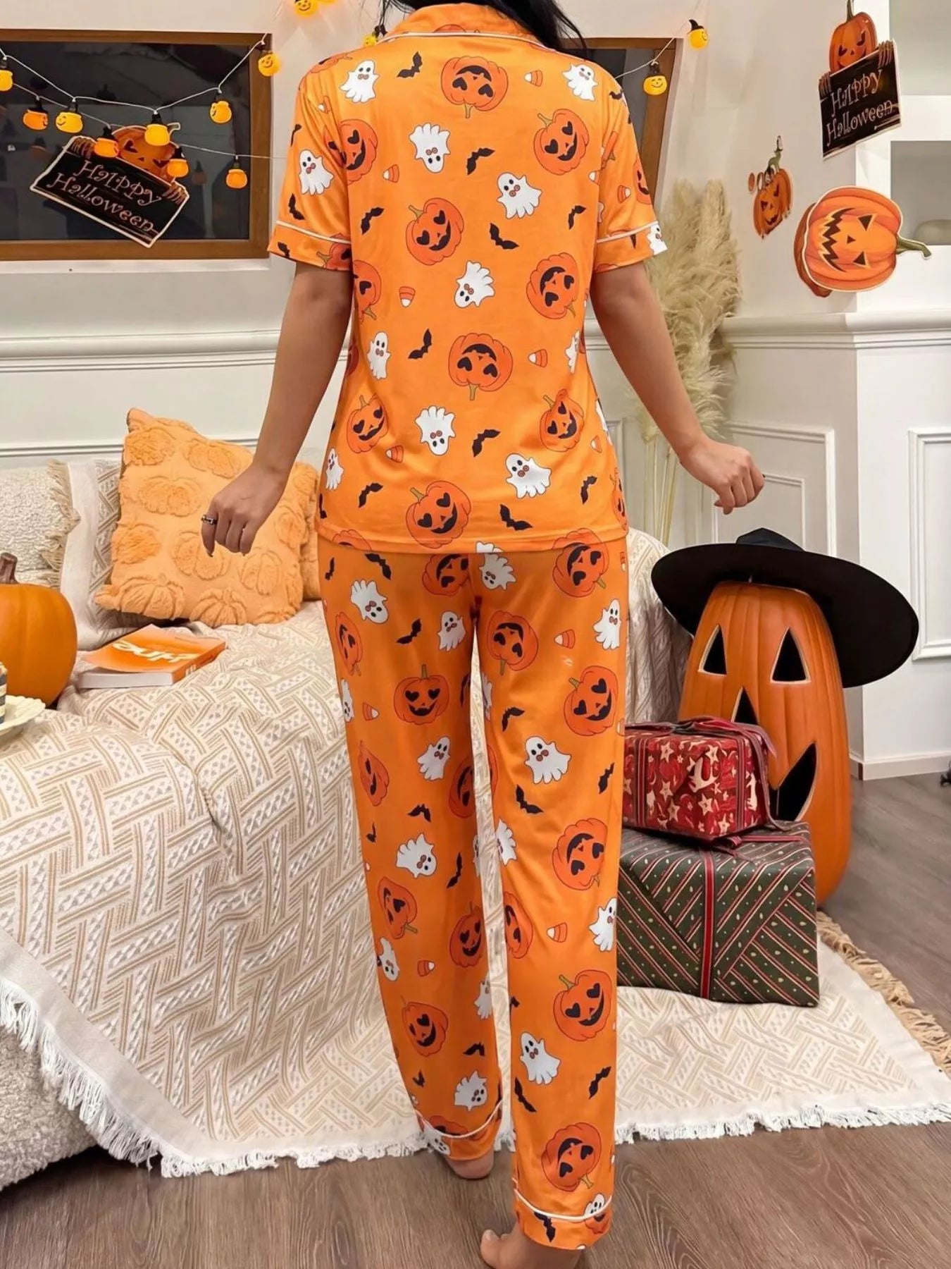 Trendsi Halloween Pumpkin Print Button-Down Top and Pants Set -