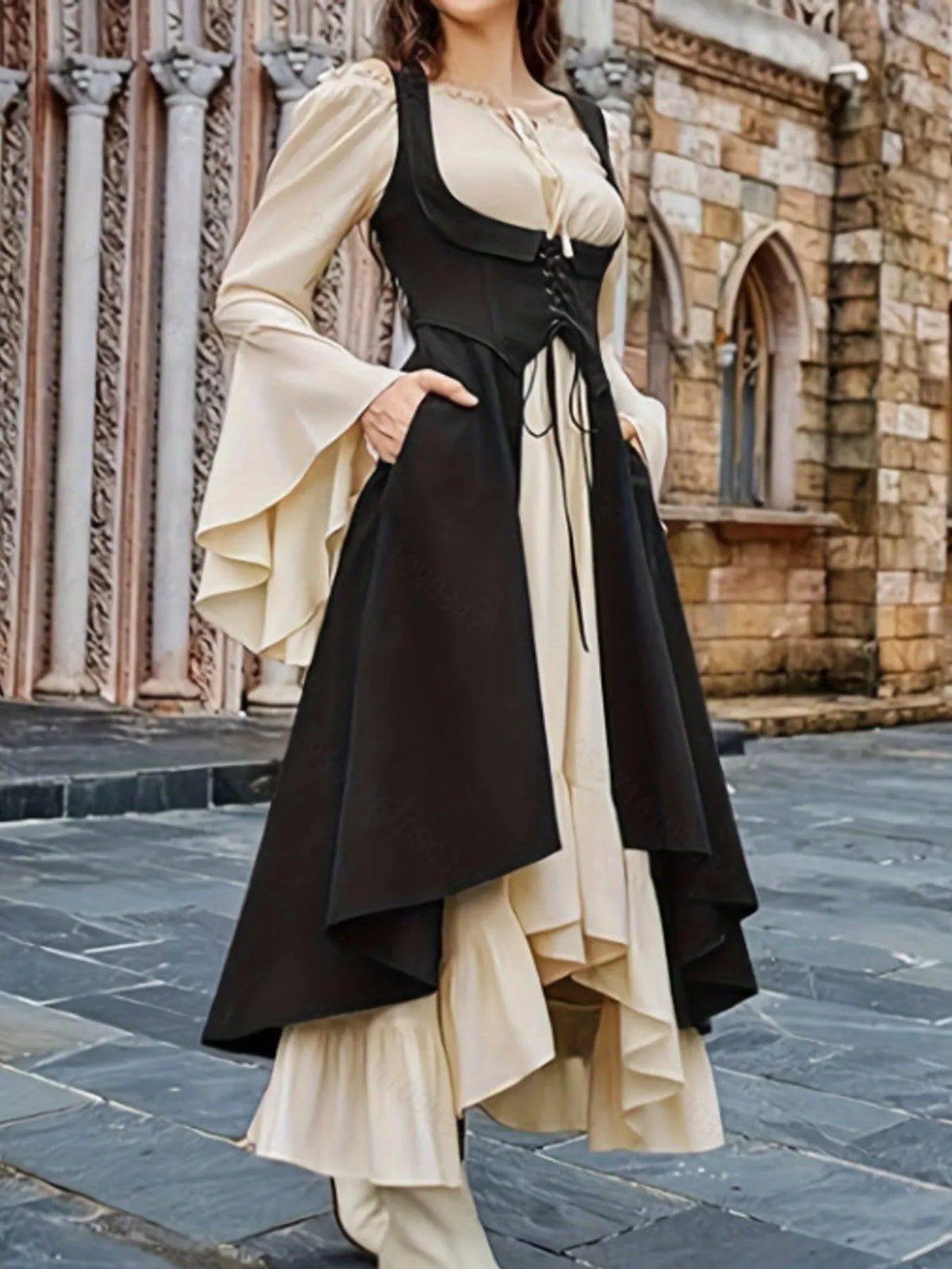 Black corset style lace-up bell sleeve dress — front view
