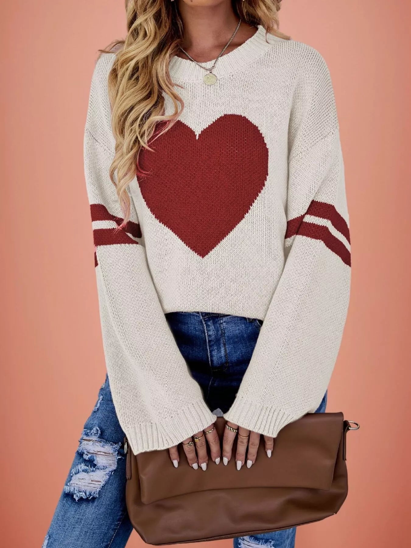 Trendsi Heart Pattern Dropped Shoulder Sweater -