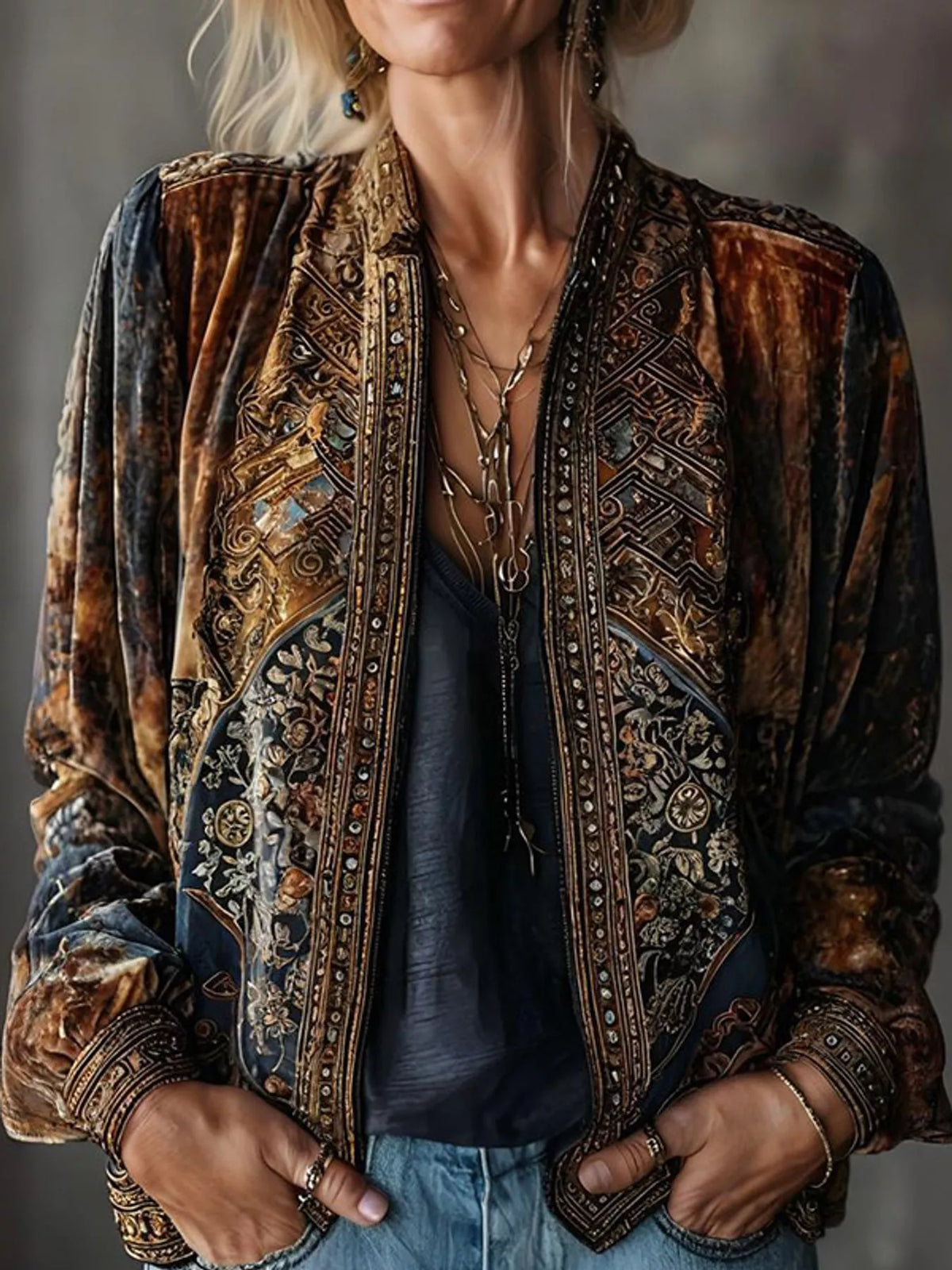 Ornamental Print Open Front Cardigan in multicolor, front view