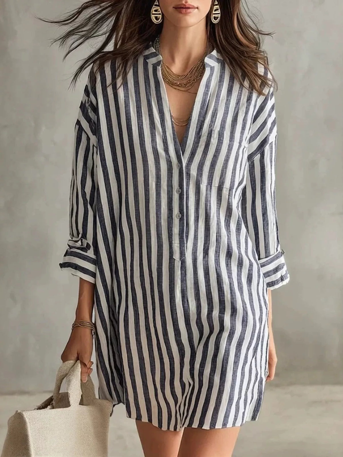 Trendsi Full Size Striped Linen Shirt Mini Dress Plus Size -