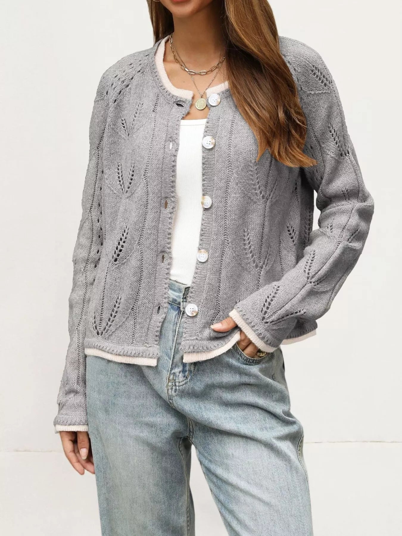 Trendsi Hollow-Out Knit Button-Down Cardigan -