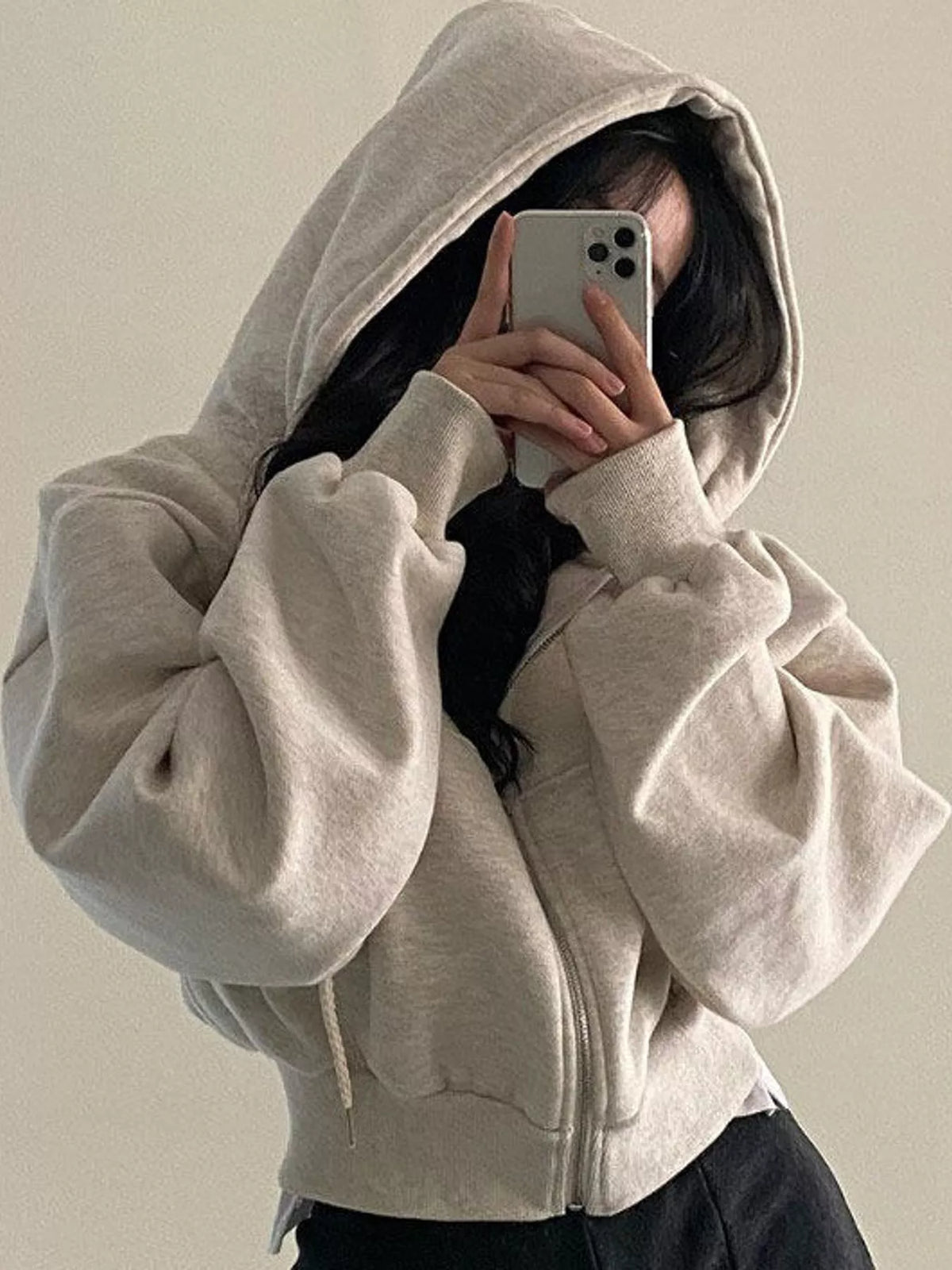 Light Gray oversized zip-up cropped hoodie
