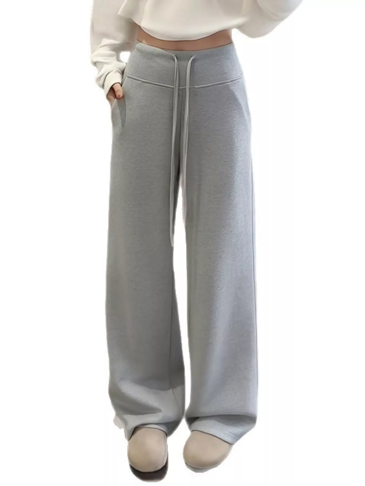 Gray drawstring wide-leg pants — front view