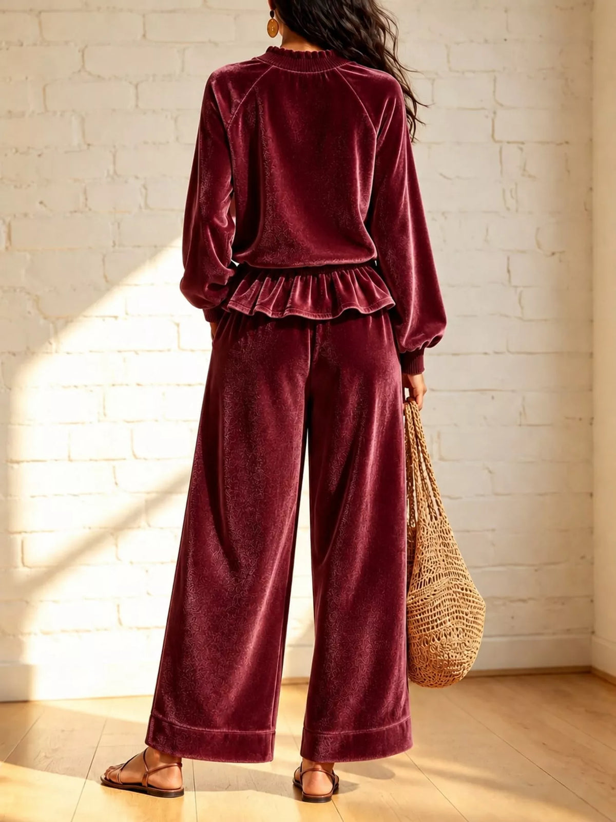 Red velvet ruffled hem top and wide-leg pants set — back view