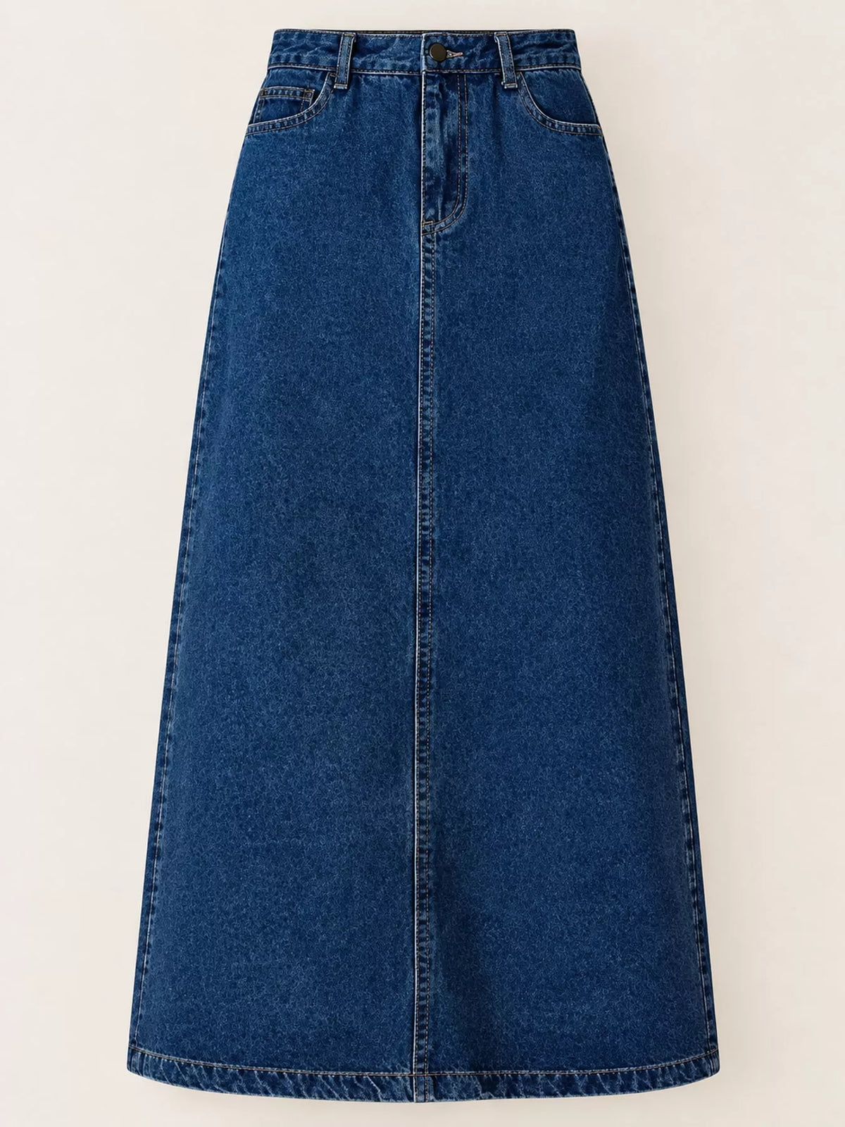 High-waisted denim midi skirt — blue flat lay