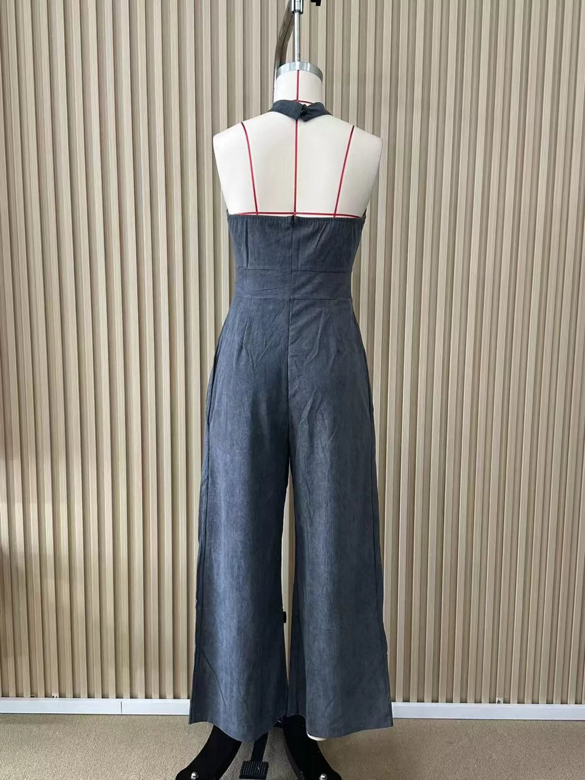Dark Gray Halter Neck Wide-Leg Jumpsuit styled view