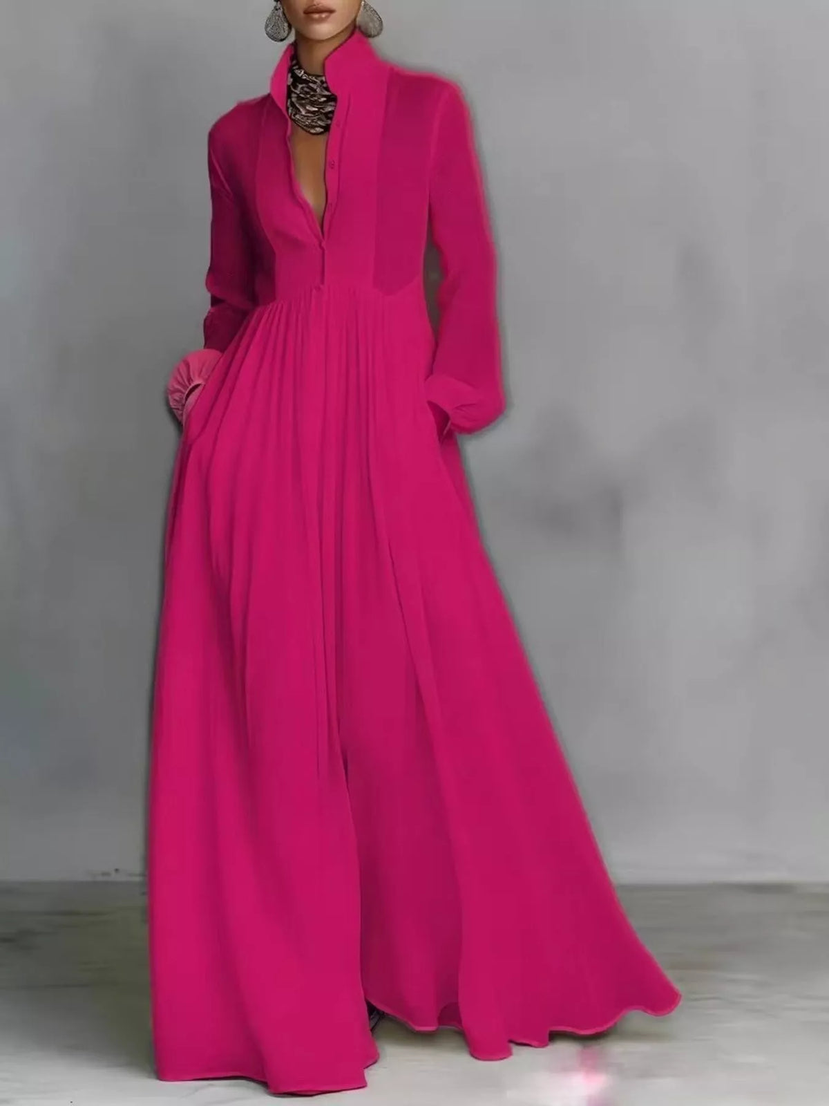 Hot pink long sleeve button-front maxi dress