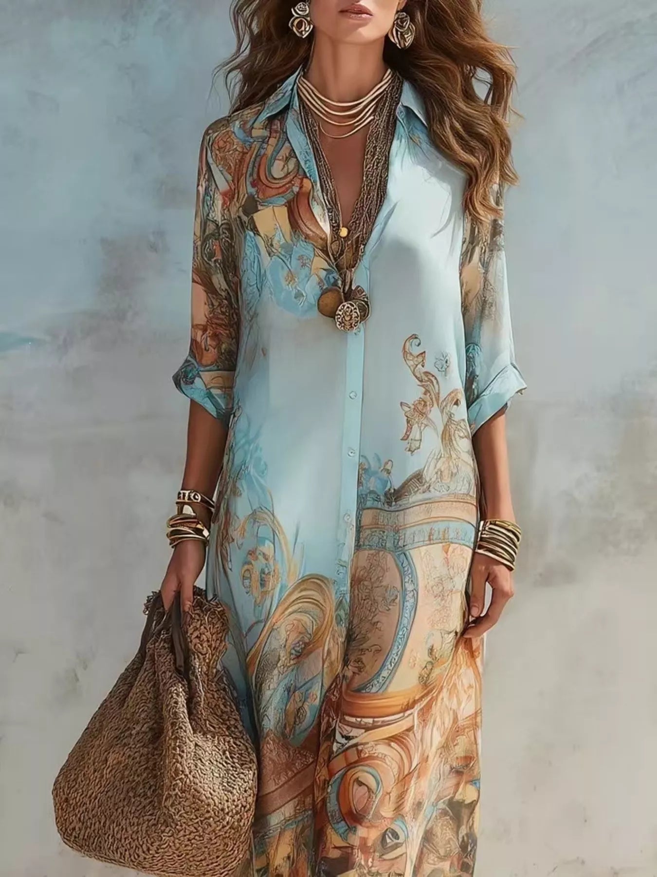Trendsi Full Size Printed Button Down Roll-Up Sleeve Shirt Maxi Dress Plus Size -