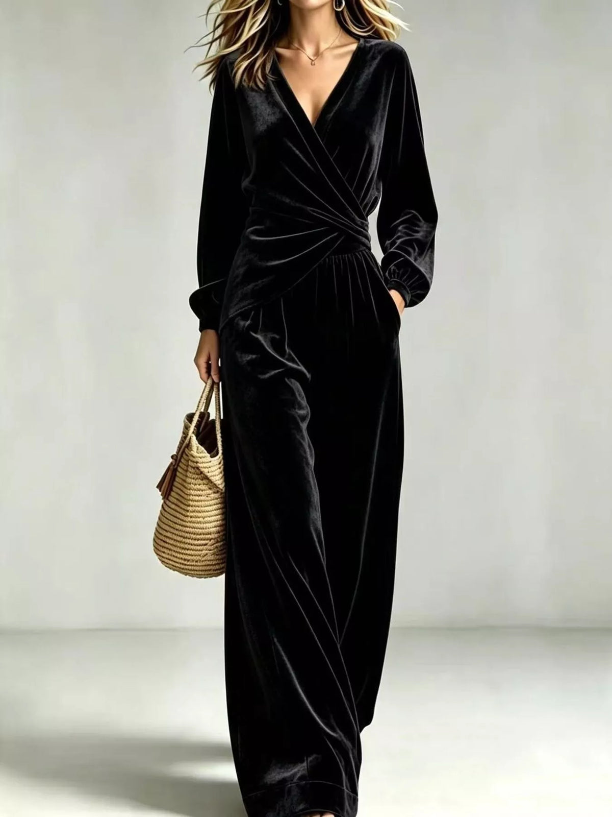 Black Velvet Wrap-Front Top and Pants Set front view