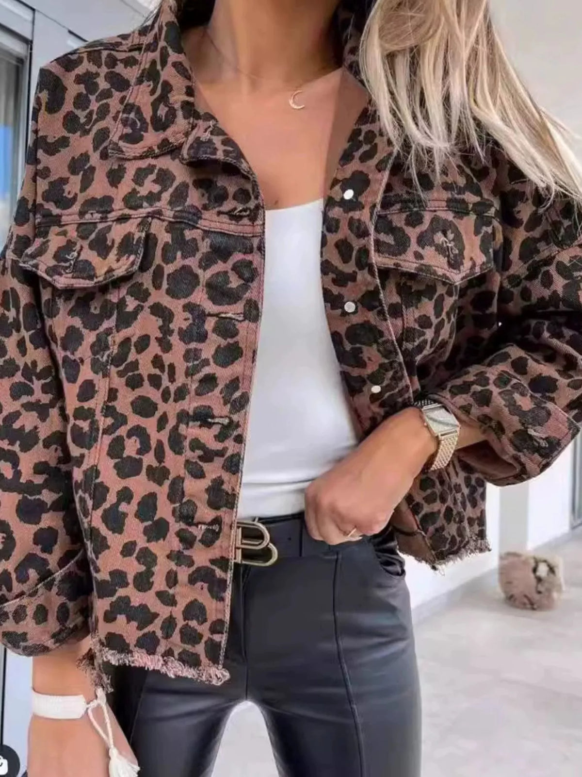Leopard Print Raw Hem Denim Jacket in leopard print