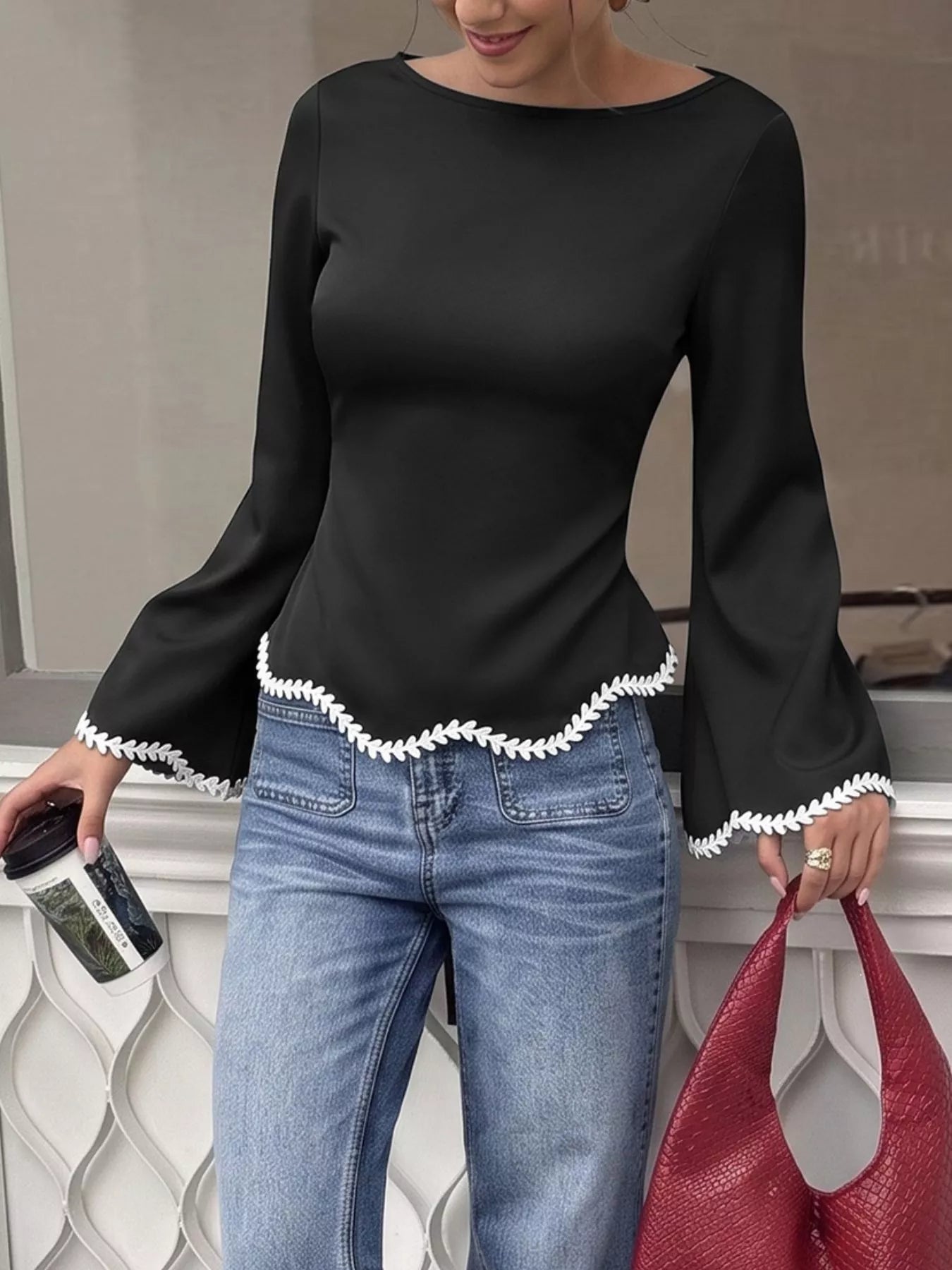 Trendsi Contrast Trim Flare Sleeve Blouse -