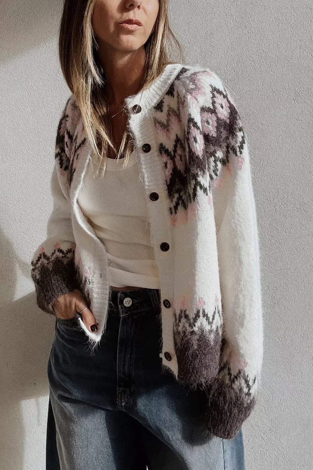 Trendsi Geometric Pattern Brushed Knit Button Cardigan -